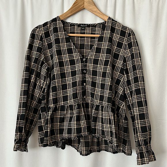 Madewell Tops - Madewell Black/Beige Checkered Long Sleeve Babydoll Shirt Top **Size S**🌸🌸